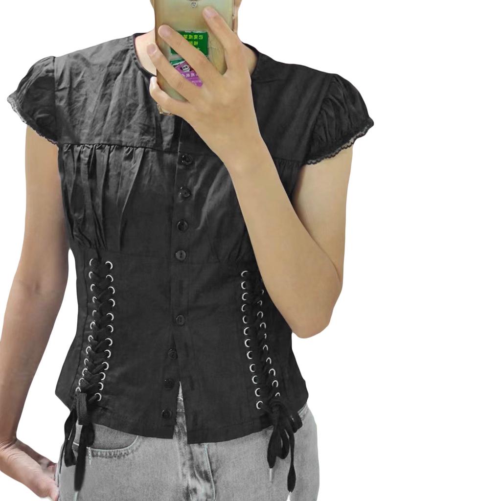 Women Lace Tops, 1/4 Sleeve Round Neck Ruffle Buttons Party Casual Spring Summer Black Shirt