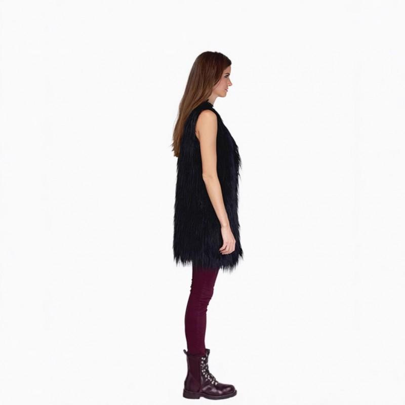 Womens Mid-Length Faux Fur Vest Sleeveless V-Neck Street Style Outerwear White Black