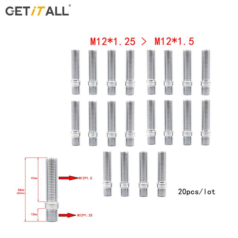 GETITALL M12x1.25,M12x1.5,M14x1.25,M14x1.5 20PCS Extended Wheel Studs Conversion Tall Lug Bolts Screw Adapter Kit length 50/58mm