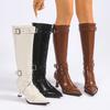 Fashion Stiletto High Heels Women Knee High Boots Sexy Point Toe Night Club Party Shoes Woman Rivet Buckle PU Leather Long Boots