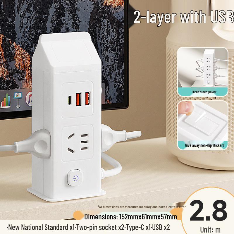 Vertical Multi-Functional Power Strip with USB Charging, Individual Switches, and Extension Cord
