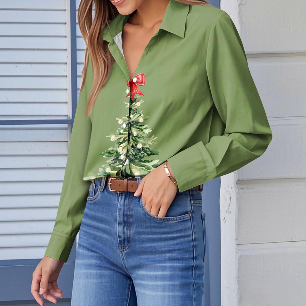 Женская рубашка-блузка с рождественским принтом и пуговицами, длинный рукав, повседневный базовый рубашечный воротник, обычный топ