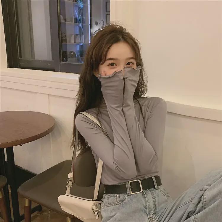 Women's Slim Fit High Collar Long Sleeve T-Shirt - Korean Style, Perfect for Autumn and Winter