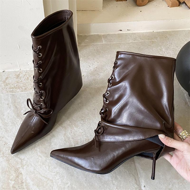 Eilyken Street Style  Cosy Soft PU Leather Cross Tied Ankle Boots Woman Sexy Thin Heels Stripper Shoes  De Mujer