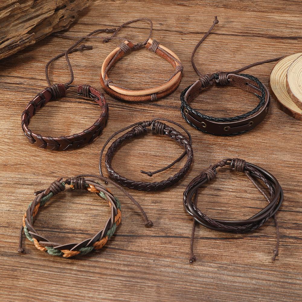 6Pcs Leather Bracelet Retro Punk Jewelry Set Adjustable Fashionable Leather Woven Rope Bracelet