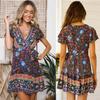 Women's Holiday Bohemian Print Mini Dress Ladies V Neck Summer Beach Sundress