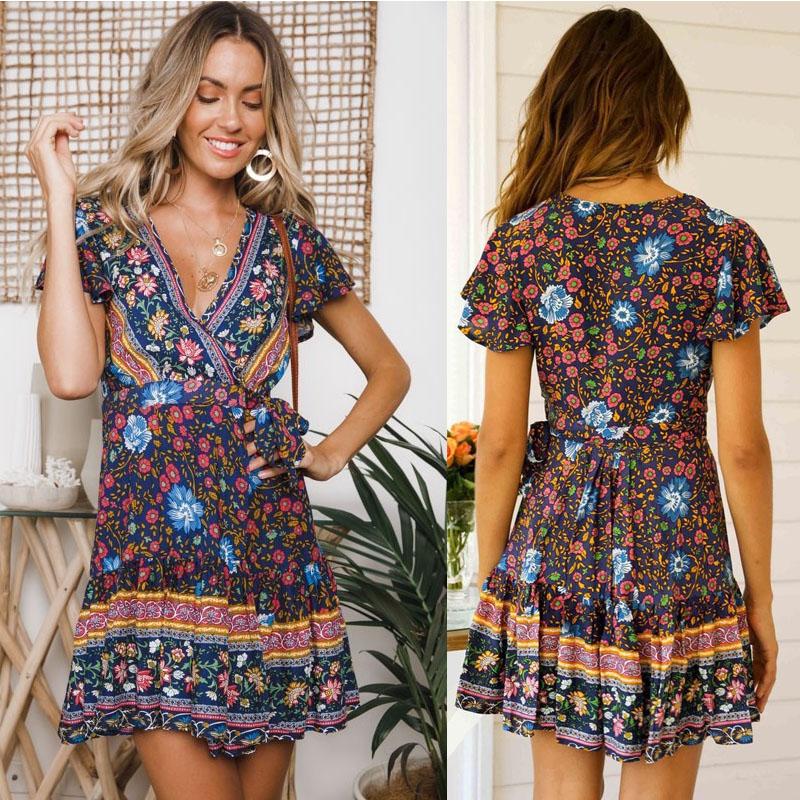 Women's Holiday Bohemian Print Mini Dress Ladies V Neck Summer Beach Sundress