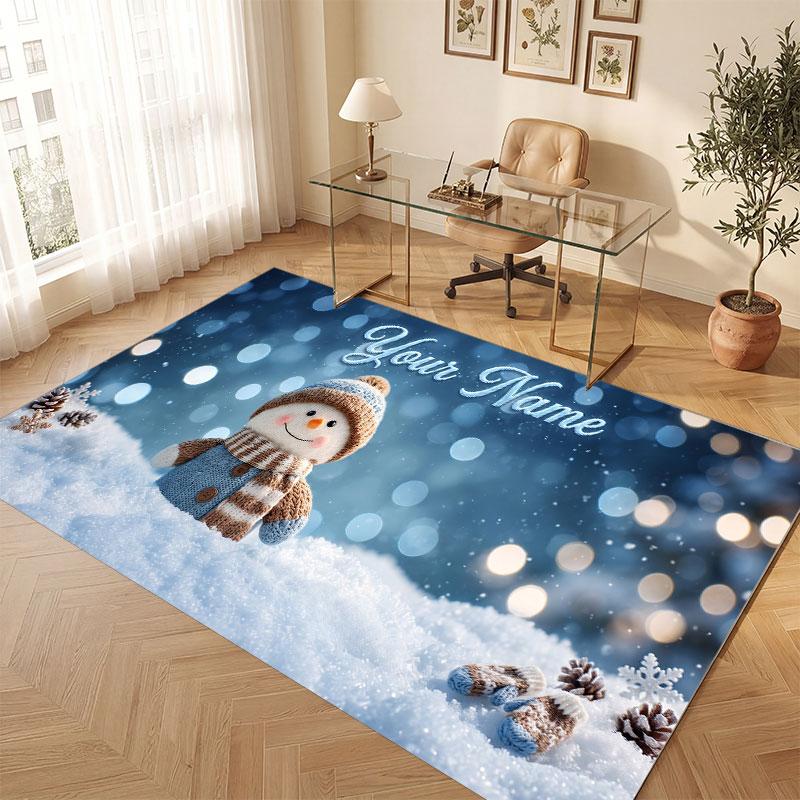 Christmas Winter Theme Crystal Velvet Floor Rug Personalized Custom Name Text Warm Carpet Home Decoration