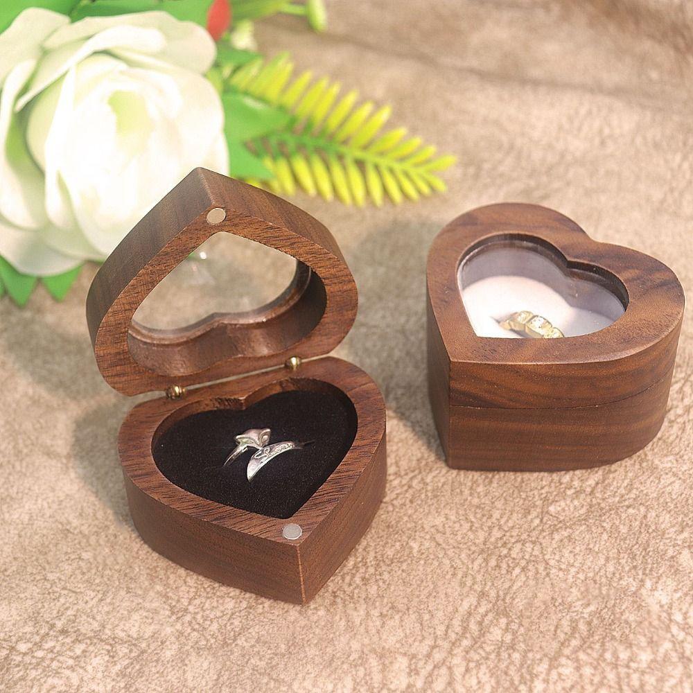 Transparent Cover Walnut Wood Rings Box 2 Slots Rings Bearer Box Simple Heart Rings Holder  Propose
