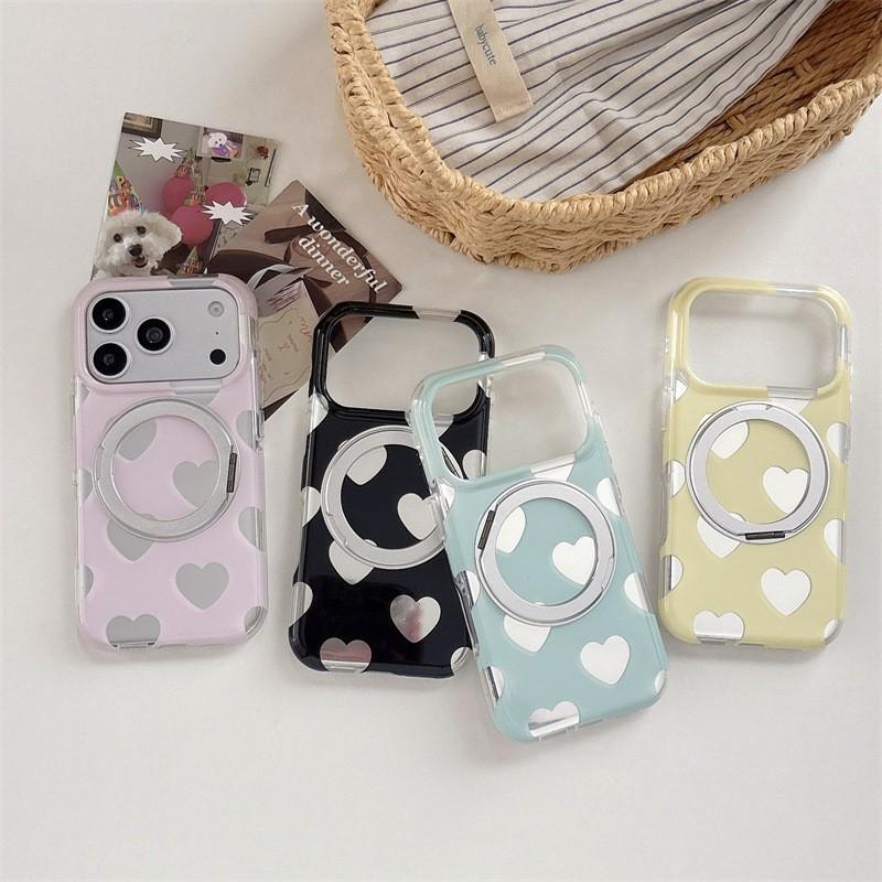 Magnetic Rotating Phone Stand Case IPhone 14 15 16 Pro Max With Heart Design Soft Silicone Cover Anti-Drop