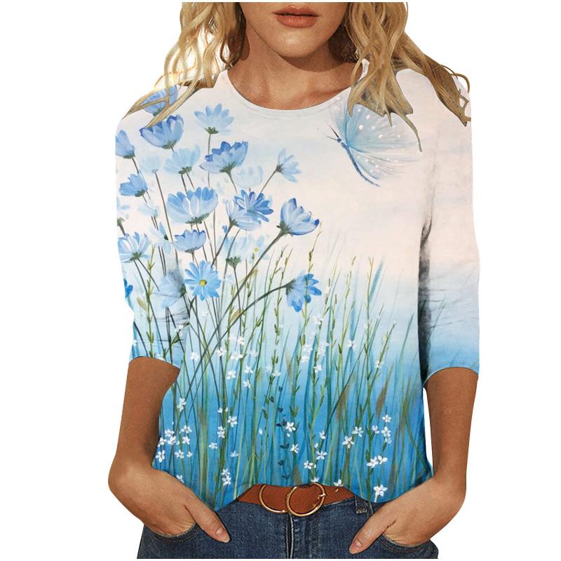 2025 Nouveau Femmes Fleur Mode Imprimé À Manches Longues T-shirt Sport Loisirs Mignon Polyester Ultra-mince Col Rond À Manches Longues