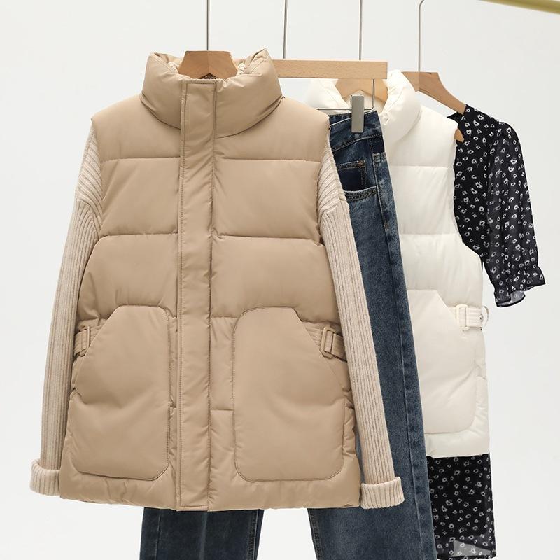 Женский короткий пуховый жилет на осень и зиму, новая корейская версия, жилет с поясом на талии, утолщенный хлопковый жилет без рукавов