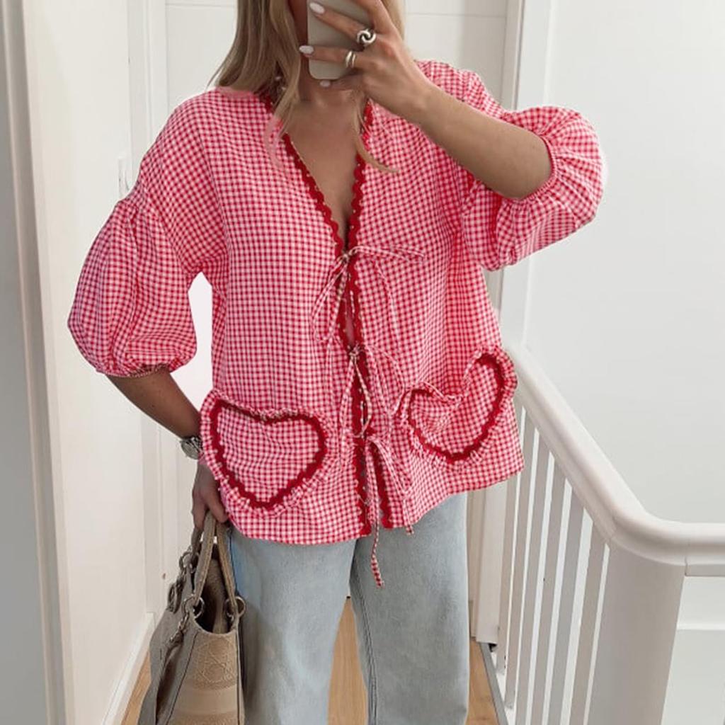 Женская повседневная клетчатая рубашка с коротким рукавом, свободные топы с ремешком и карманом в форме сердца