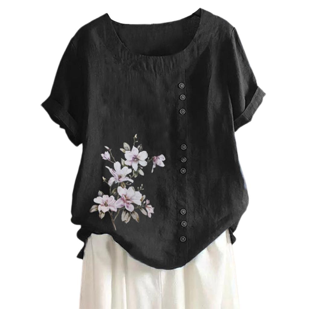 Женская хлопково-льняная футболка с круглым вырезом, коротким рукавом и пуговицами, футболка с принтом