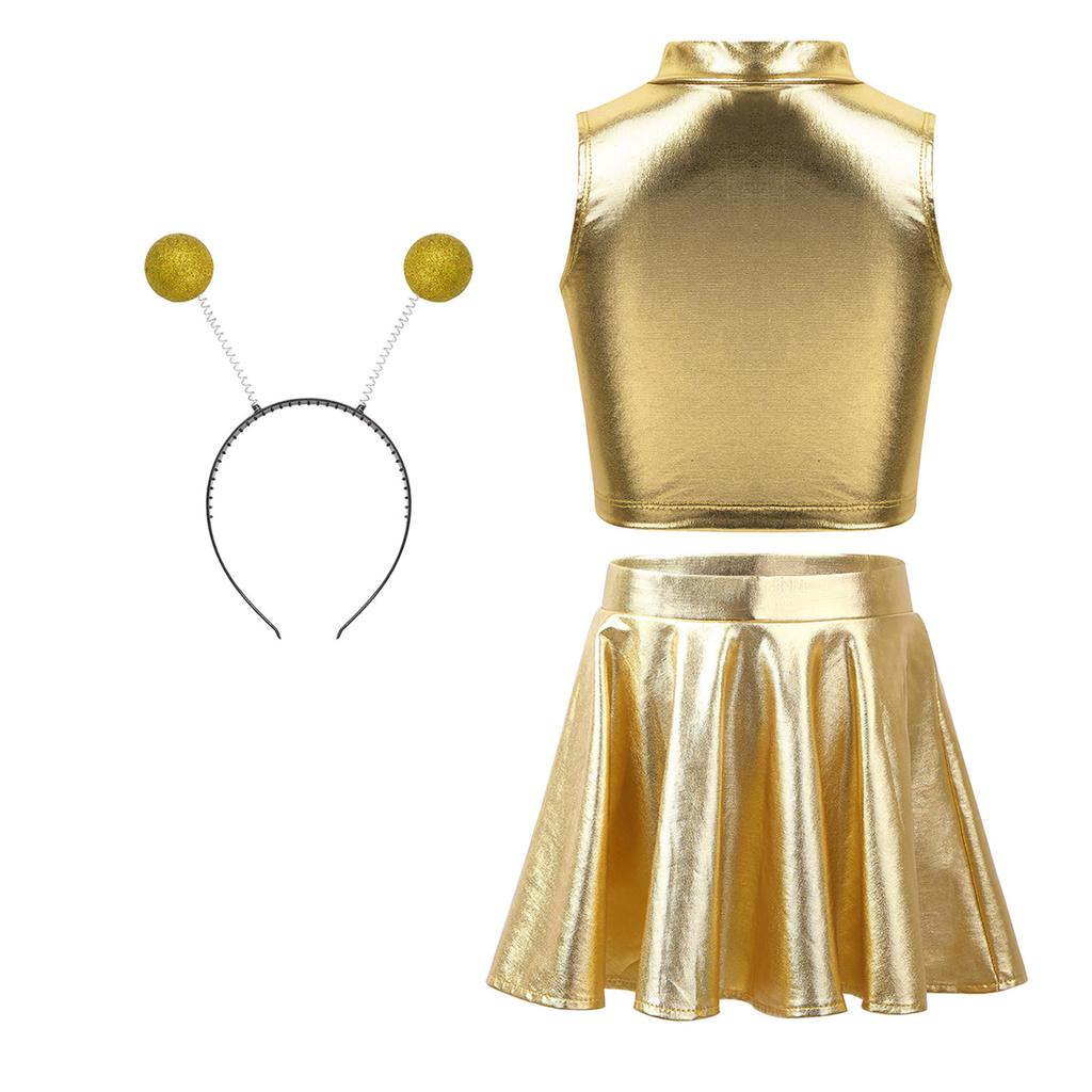 Костюм на тему инопланетянок, комплект: майка-топ, расклешенная плиссированная А-силуэта мини-юбка, аксессуар - обруч для волос, наряд на Хэллоуин