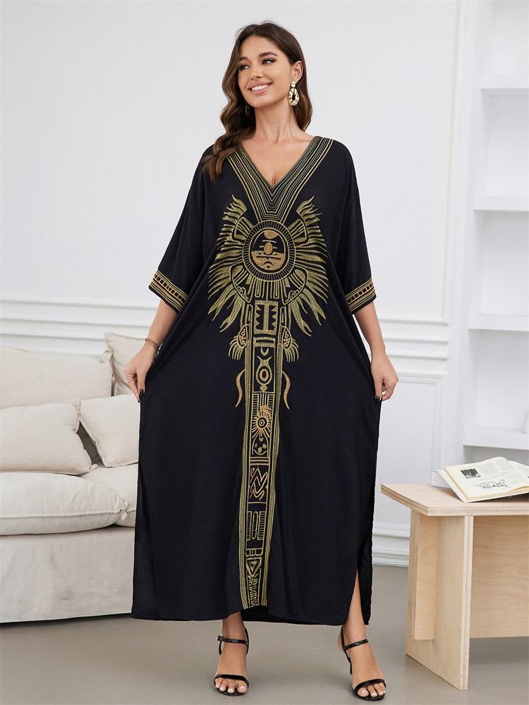 EDOLYNSA 2024 Vintage Plus Size Kaftan Ethnic Gold Embroidery Beach Dress Vacation Swimsuit Cover Up For Women Cozy V-neck Side Split House Robe