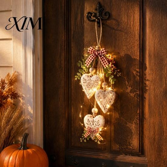 Wooden Hanging Ornaments for Home Heart-Shaped Decorative with LED Light, Rustic Farmhouse Heart Wall Pendant Indoor Decorations Bedroom Vintage Beads