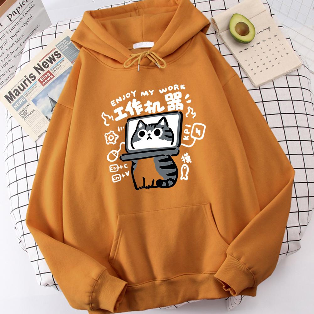 Мультяшный кот — абстрактная рабочая машина Мужской пуловер Комфорт Harajuku Wei Одежда Досуг Молодежная толстовка с капюшоном Молодежная мультяшная одежда