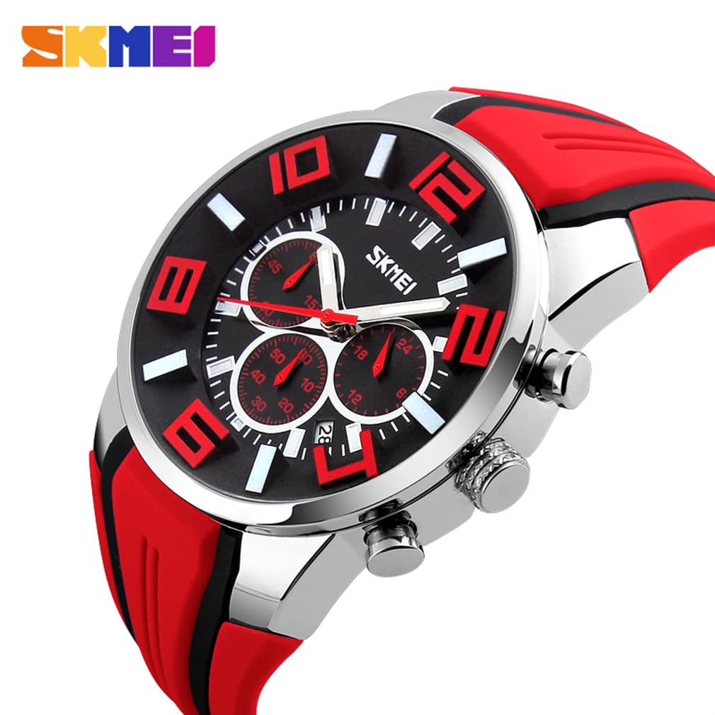 Silicone Fashionable Casual Sports Big Face Arm Watch Waterproof Chronograph Brand Analog Gentleman Watch Date Fluorescent Luxury Present Red Watch