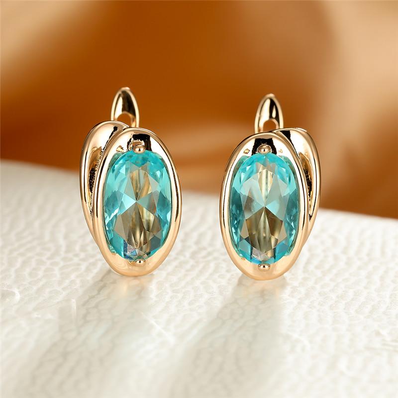 Luxury Gold Color Clip On Earrings Oval Cut Aqua Blue Stone Earrings Drop Dangle Hook Earrings Jewelry