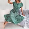 Spring Summer Women Short Sleeve Floral Pleated High Waist A Line Long Dress S-XL