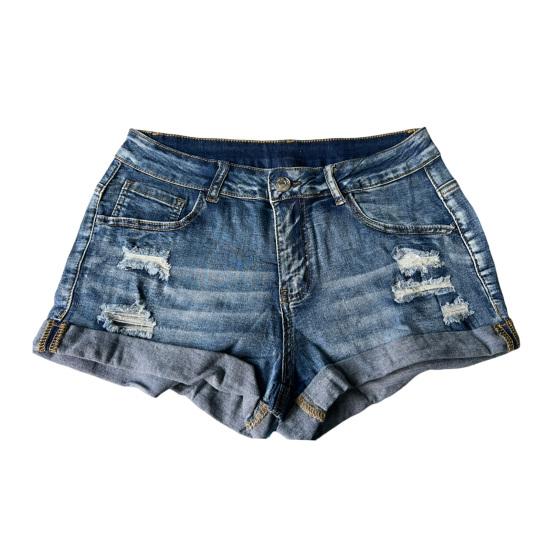 Рваные джинсовые шорты для женщин, средняя талия, подвернутые манжеты, эластичные джинсовые шорты, лето