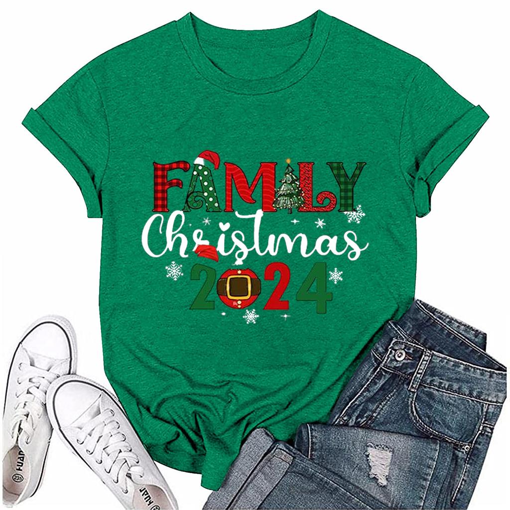 Женский повседневный рождественский принт с короткими рукавами и круглым вырезом, свободный пуловер, топ