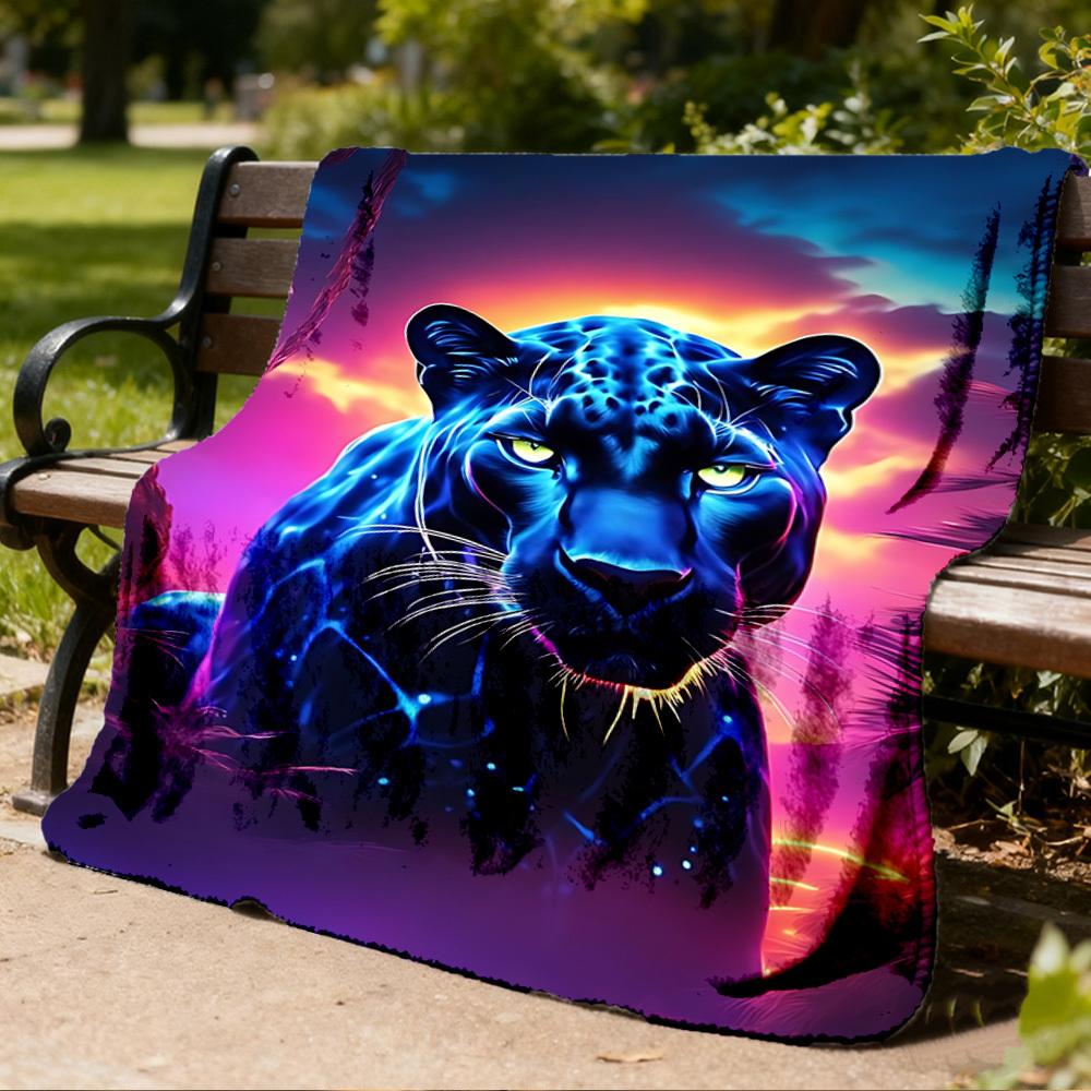 1pc Neon Panther Print Throw Blanket Polyester Fiber, Lightweight Flannel, Soft & Warm, All Season Use for Outdoor, Camping Digital Print