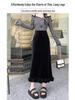 Женская многослойная бархатная юбка миди с высоким разрезом и кружевной оборкой - Утепленная для осени и зимы