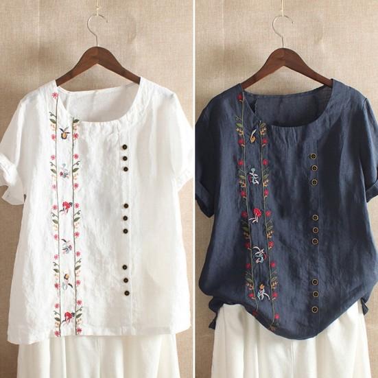 O-Neck Short Sleeve Loose Fit Women Shirt Embroidery Flower Print Buttons Decor Shirt Top Streetwear