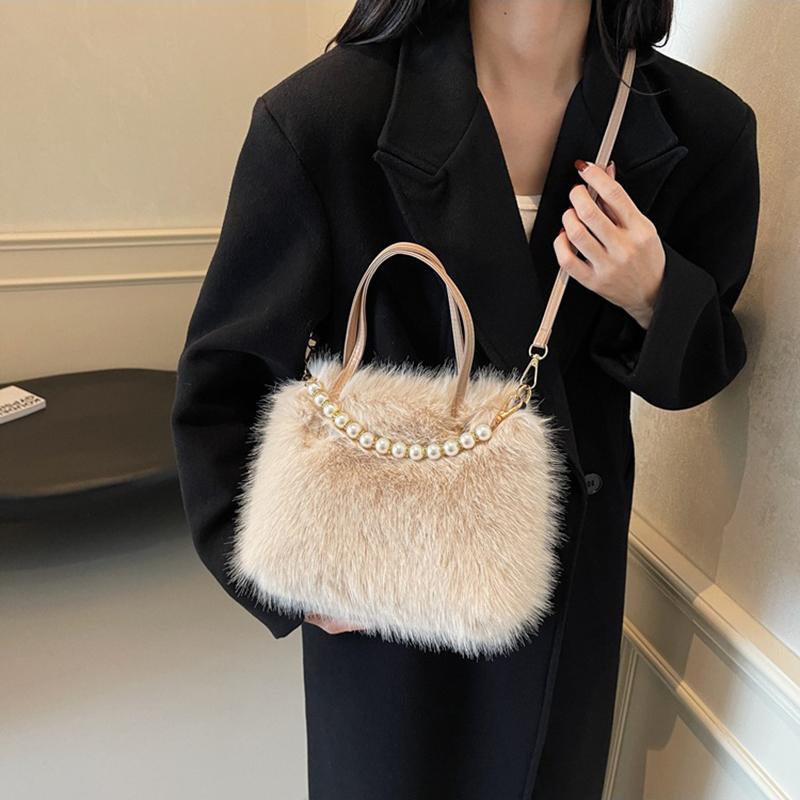 Winter Fashion Faux Fur Crossbody Bags for Women's Gift, Pearl Chain Decor Shoulder Bag, Ladies Handbags Top-handel Bag CLE