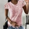 Женские топы с круглым вырезом, коротким рукавом, однотонная футболка с кружевными вставками, однотонная повседневная блузка стандартного кроя