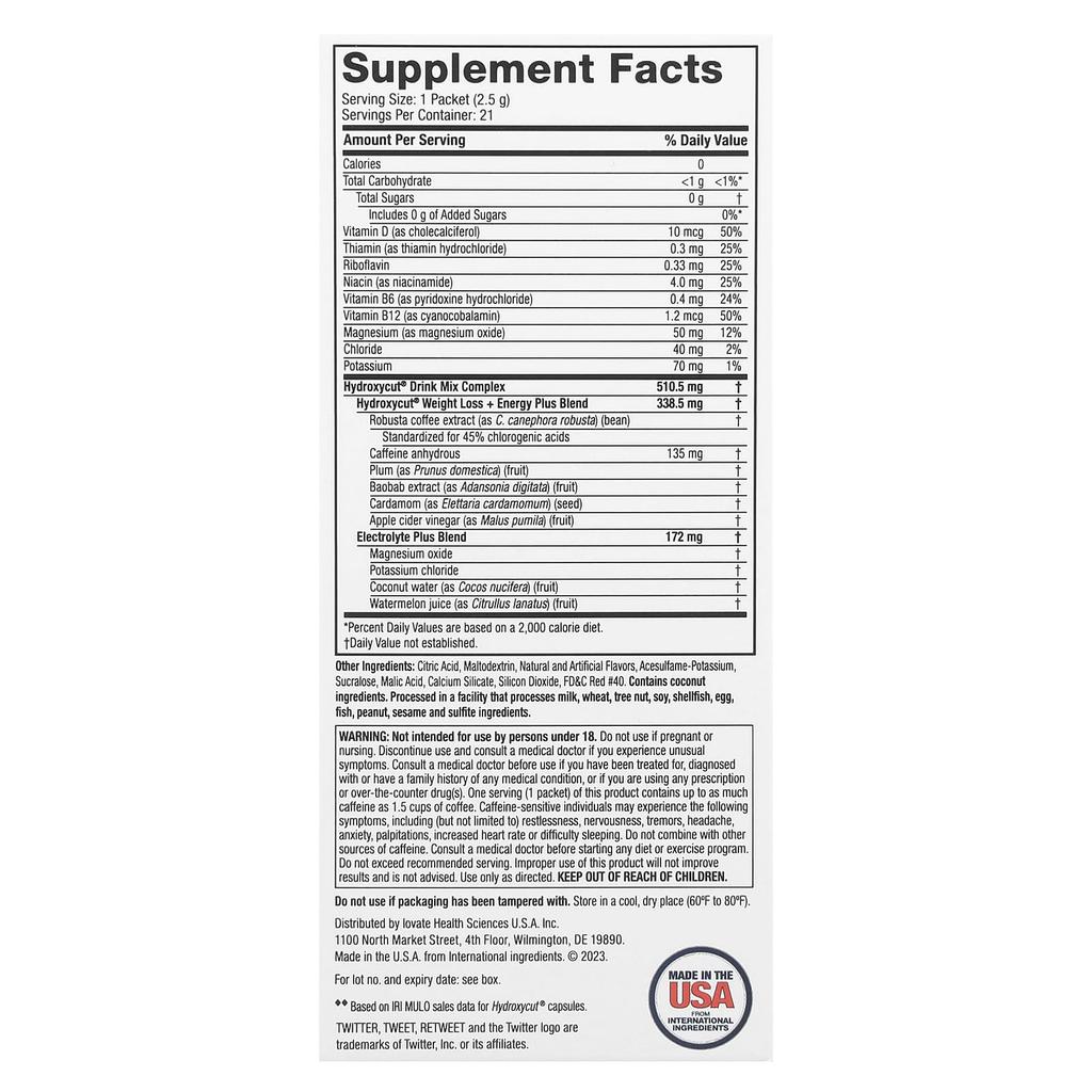 Hydroxycut Weight Loss + Electrolyte Drink Mix, Wildberry, 21 Packs, 0.09 Oz (2.5 G) Each