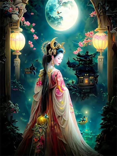 Китайская Древняя Женщина Лунный Пейзаж Постеры и Принт Абстрактная Холст Живопись Настенное Искусство Фэнтези Картины Гостиная Домашний Декор