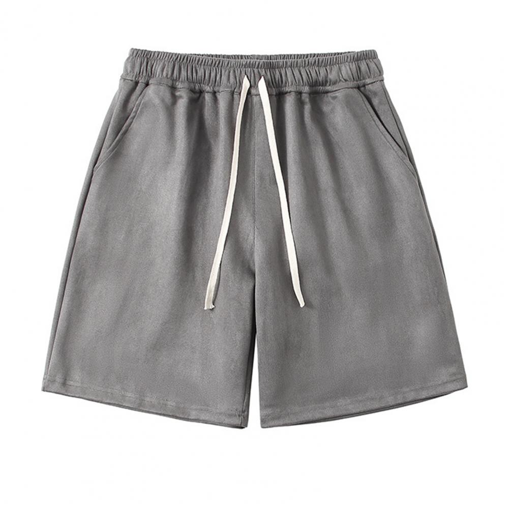 Men Summer Athletic Shorts Mid-rise Elastic Drawstring Waist Shorts Pockets Wide Leg Running Solid Color Suede Shorts