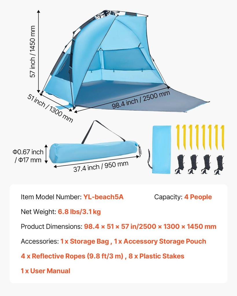 Beach Tent Sun Shelter for 4 Person, Pop Up Beach Tent UPF 50+ Protection, Portable Sun Shade Canopy with Carrying Bag and Sand Pockets, Easy Setup