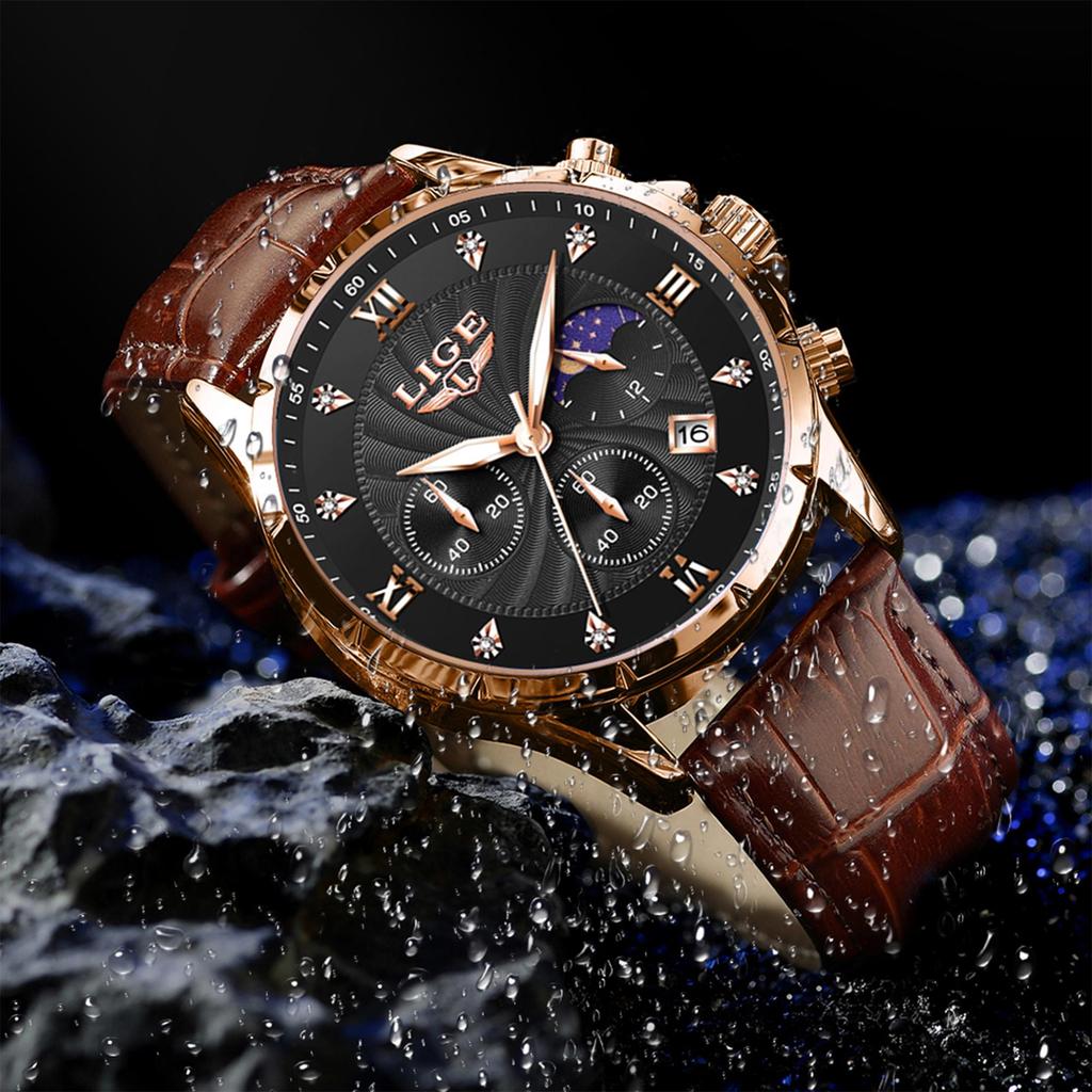 LIGE Men Watch Fashion Casual Luminous Waterproof Chronograph Leather Strap Quartz Watch