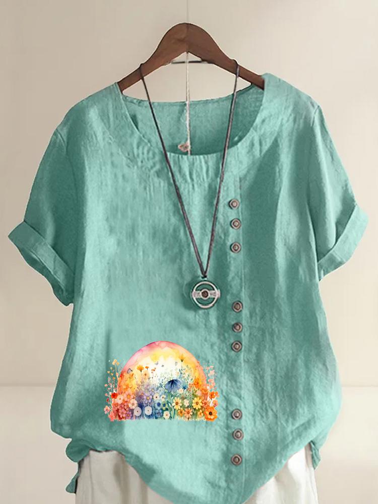 Women's Fashion Colorful Flower Clusters Print Shot Sleeve T-shirt Loose Cotton Shirt Casual Loose Summer Blouse Tops Plus Size