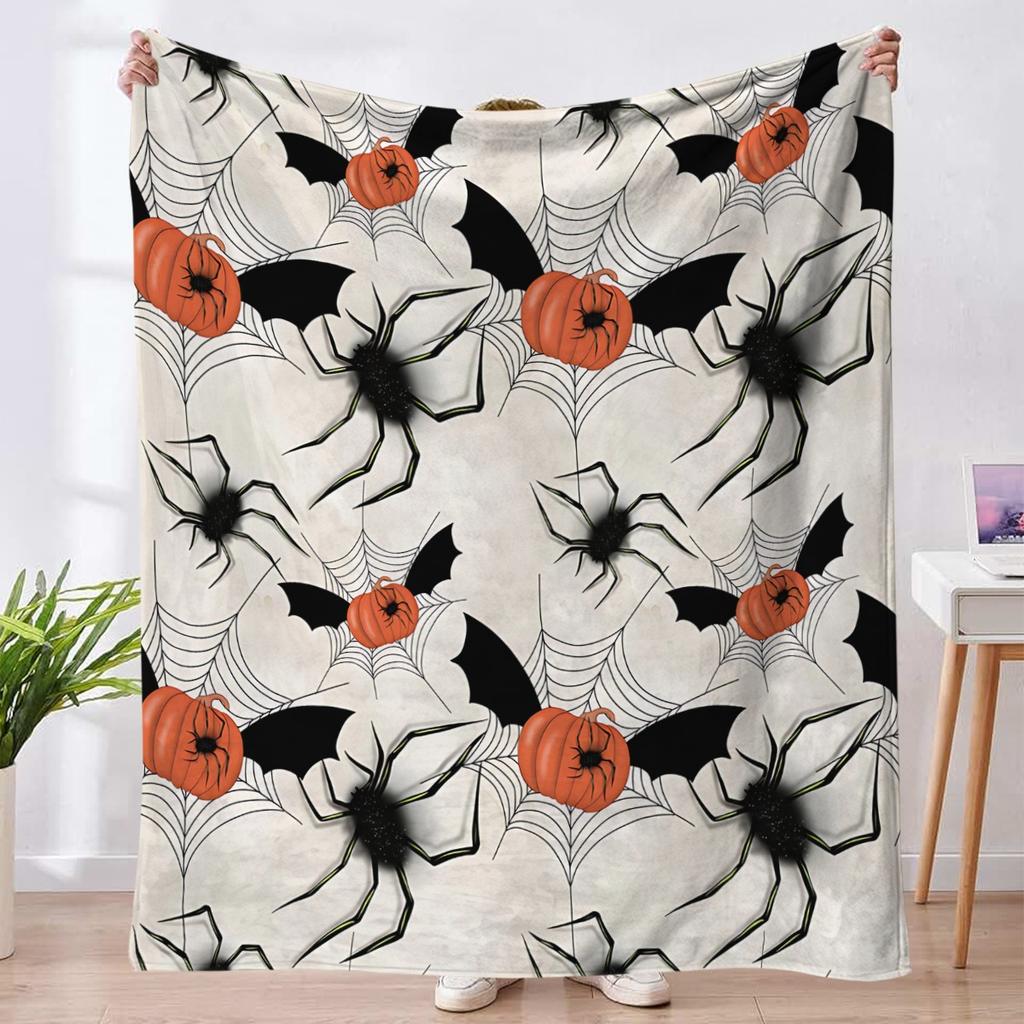 Halloween Pumpkin Ghost Skull Flannel Blanket Throw Blanket Nap Blanket Spooky Halloween Decor Polyester Soft Flannel