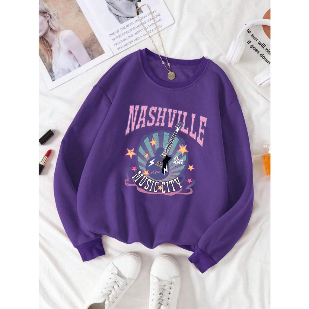 Street Woman Pullover Nashville Music Cith Poster Printing Hoodie Crewneck Loose Fleece Soft Sweatshirt Autumn Female Clothes