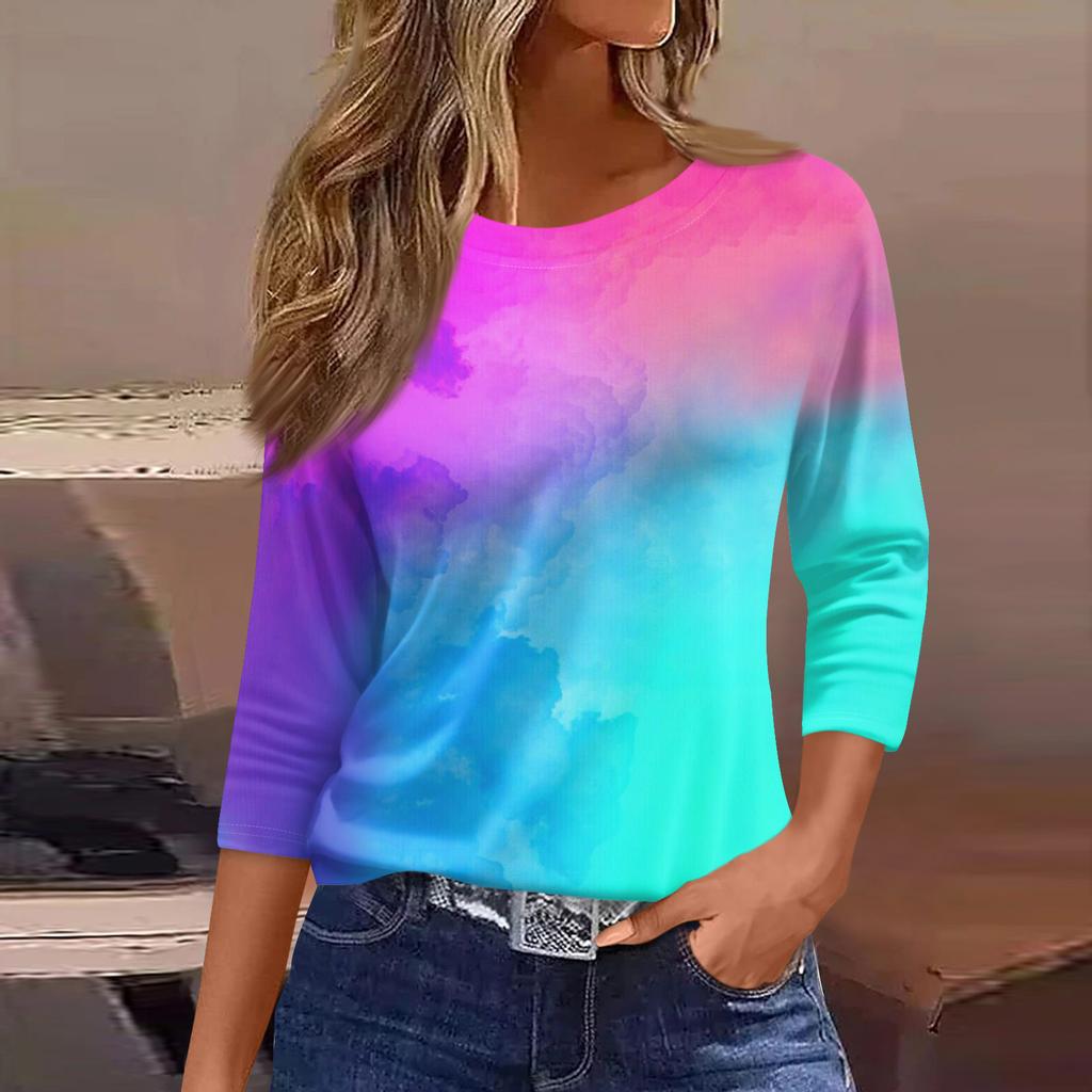 Женская Модная Повседневная Круглый Вырез 3/4 Рукава Свободная С Принтом Футболка Женский Топ