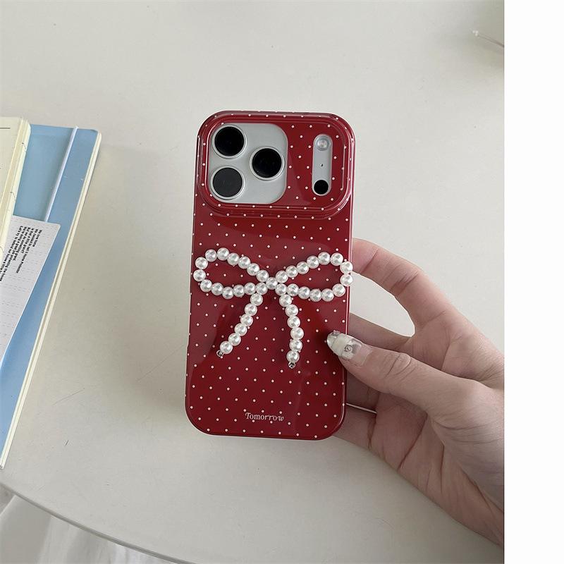 Чехол для iPhone 17/16 Pro Max/15/14: Корейский 3D-бант в горошек с жемчугом для женщин