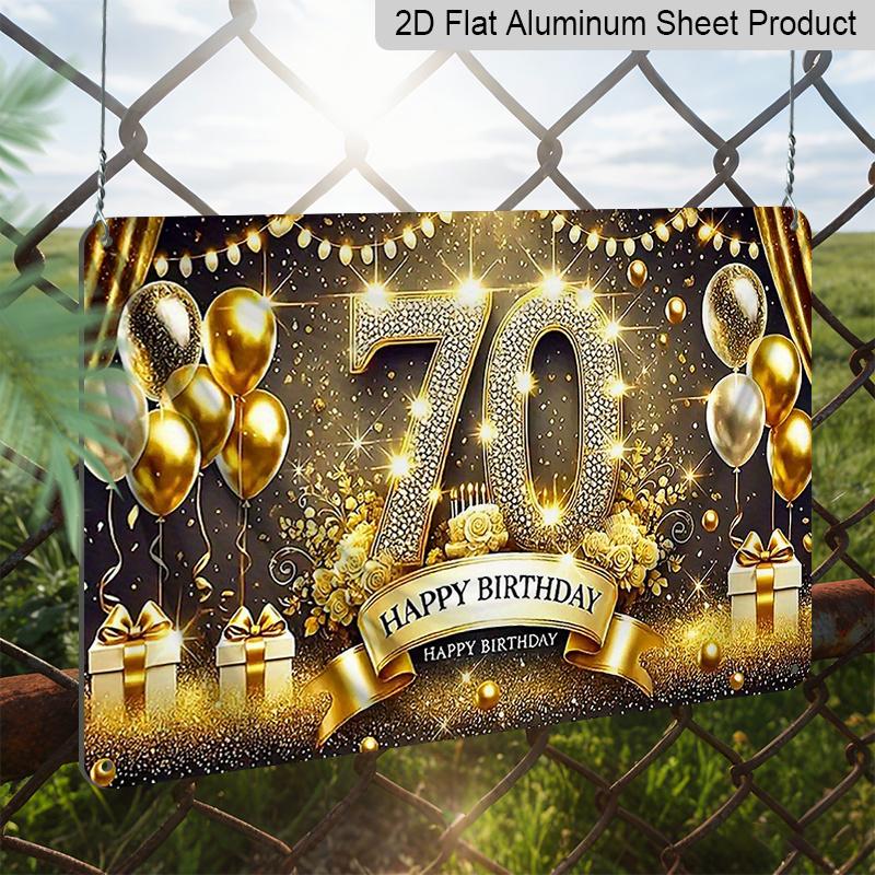 Плоская 2D, 1 шт. Золотая блестящая алюминиевая табличка-знак "С 70-летием" 12x8 дюймов - Черно-золотой дизайн с шарами на 70-летие, Металлический настенный декор для
