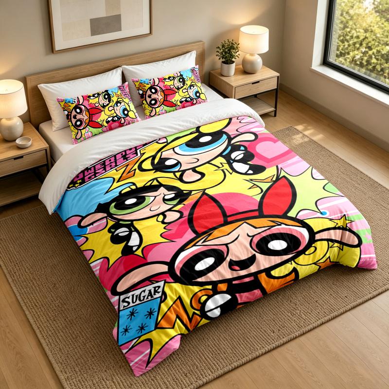 3-Piece Bed Sheet Set with The Powerpuff Girls Design, 1 Flat Sheet and 2 Pillowcases for Bedroom