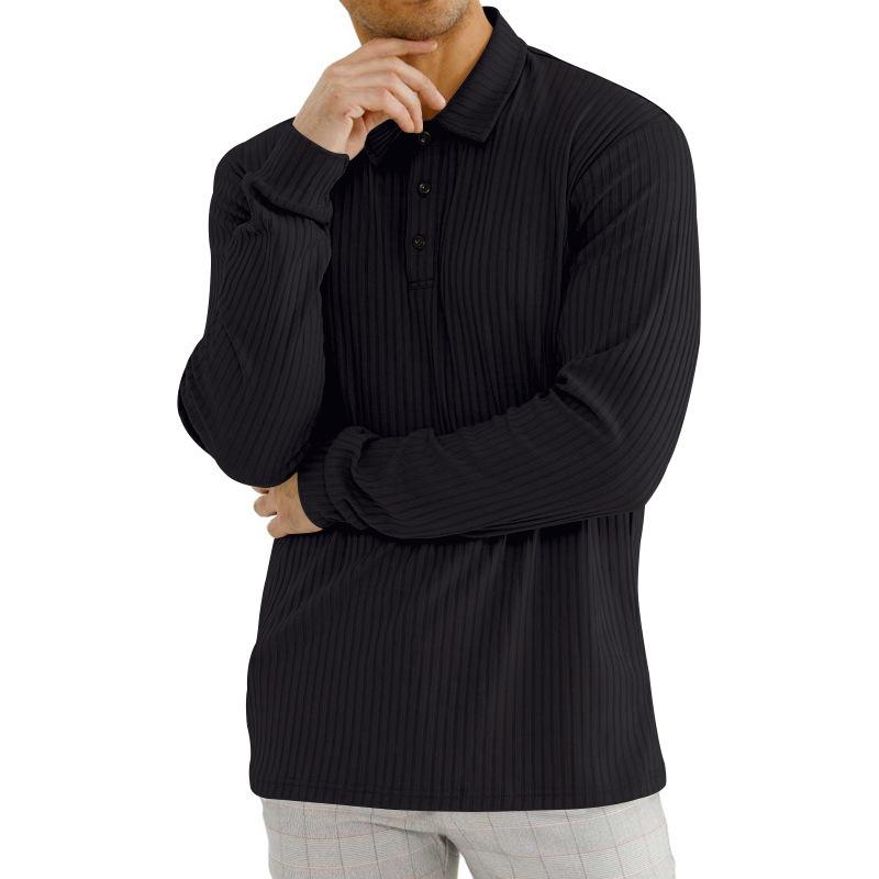 Mens Autumn Color Spring Solid Tops White Black Elastic Knitted Shirts Long Sleeve Button Polo Collar Shirt