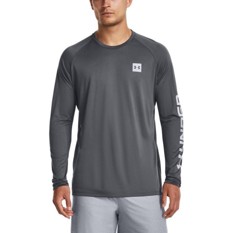 Under Armour Футболка с длинным рукавом и круглым вырезом с принтом логотипа Tech Vintage в американском стиле для тренировок, мужская серая 1379782-012