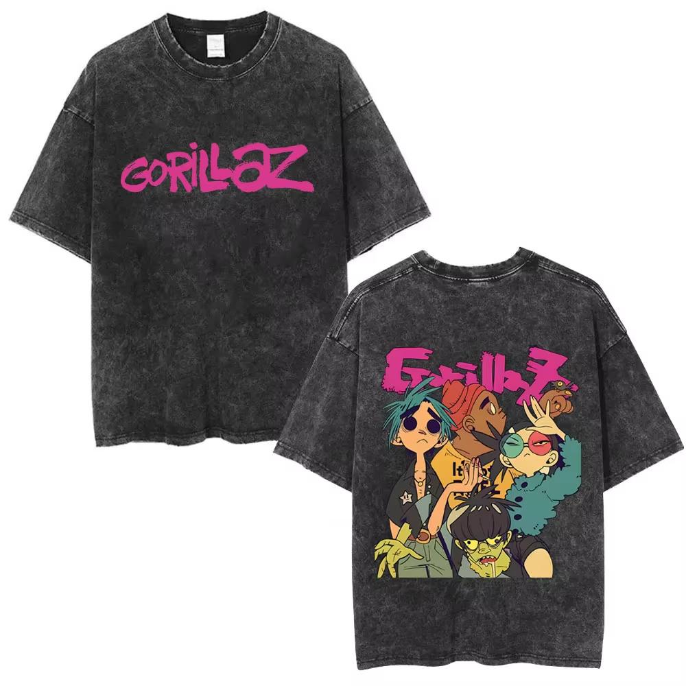 Washed Vintage Rock Band Gorillaz Album Graphic T-shirt Men's Women Hip Hop Fashion Oversized T Shirts Male Cotton Streetwear