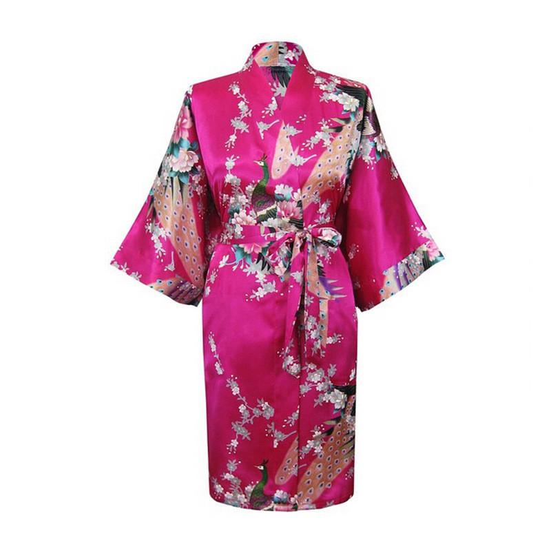 Women's Japanese-style Kimono Pajamas Short-sleeved Women's Printed Peacock Long Nightgown Simulation Silk Bathrobe