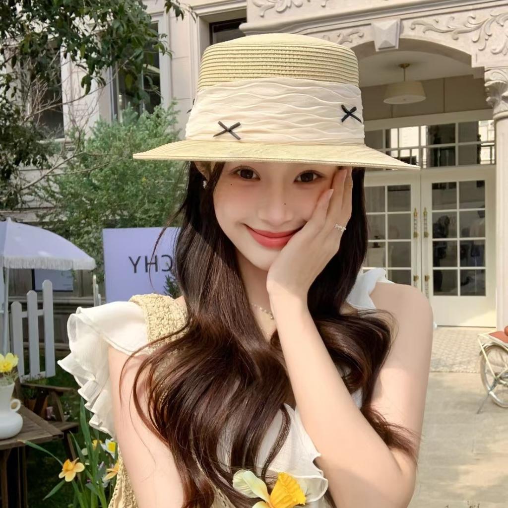 Летняя маленькая свежая шляпа из соломы с плоским верхом и бантом, женская дорожная шляпа от солнца, универсальная шляпа-цилиндр, шляпа для морского отдыха
