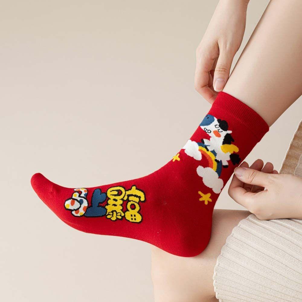4Pairs Blessing Words Zodiac Horse Socks Cotton Winter Red Socks Creative New Year Red Socks  Gifts